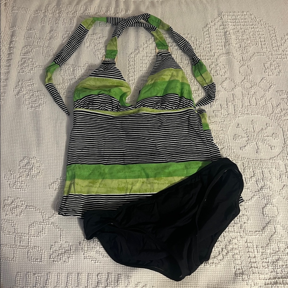 Leilani Striped Green and Black Halter Bikini Set